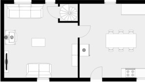Un plan d’aménagement de chambre d’hôtel comprenant un canapé, une table à manger, un coin cuisine et une fenêtre circulaire.