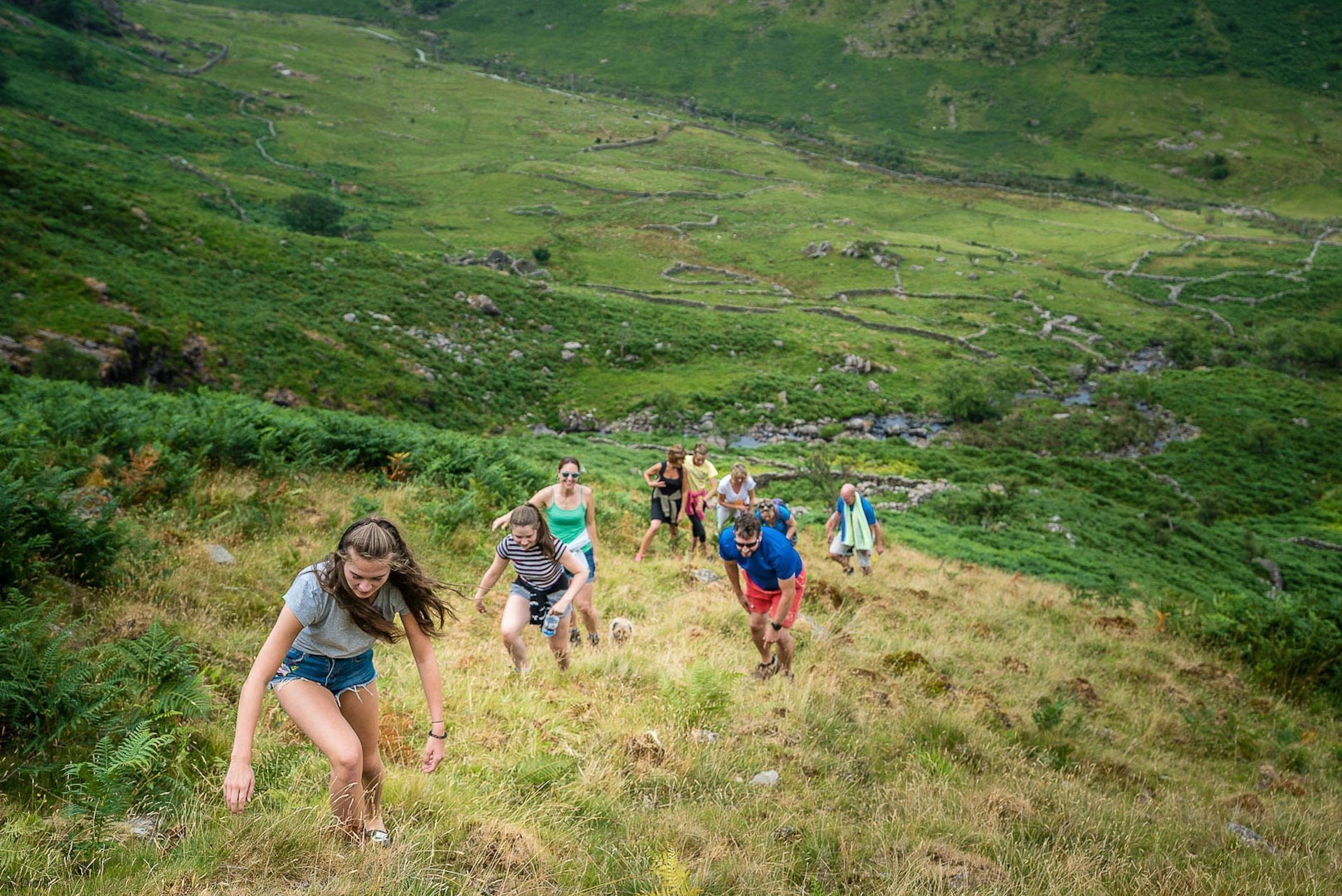 A group of people hiking on a grassy hillside with a valley in the background.