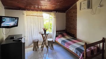 A room with a bed, a TV, a table with a plant, and a small stool.