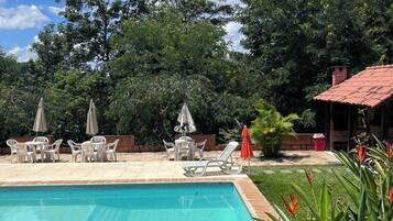Piscina con sillas de descanso y sombrillas, rodeada de vegetación y árboles.