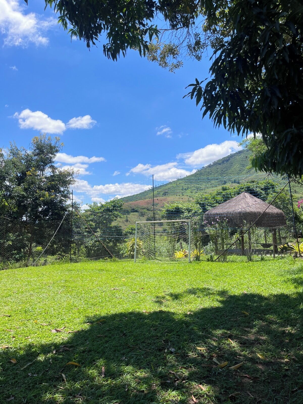 A grassy field with a soccer goal, trees, and a hill in the background.