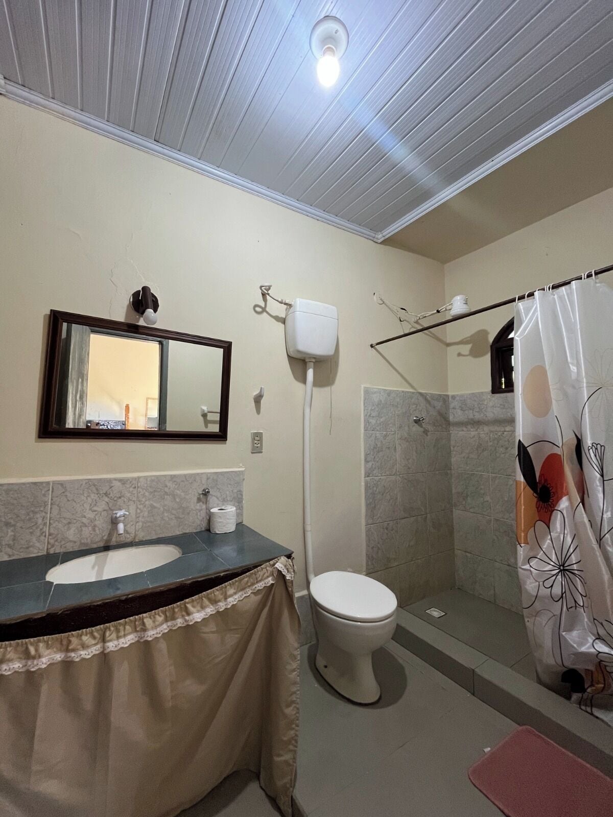 Un baño con inodoro, lavamanos, ducha y espejo.