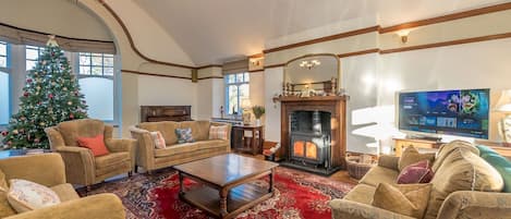 A cozy living room with a fireplace, a Christmas tree, and a television.
