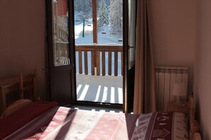 Een kamer met een bed, een raam met uitzicht op een besneeerd landschap en een radiator.