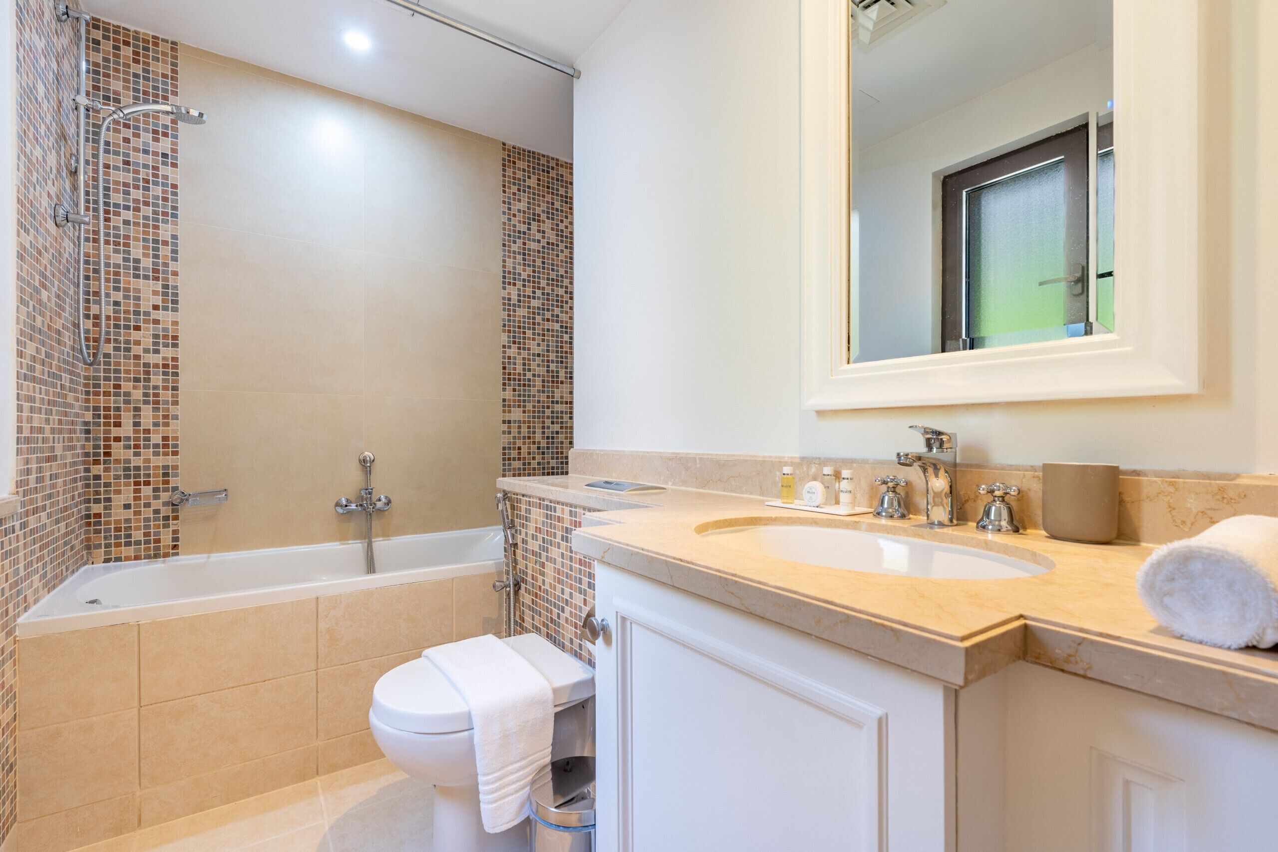 Shower, hair dryer, bidet, towels