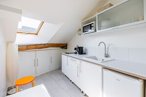 A compact kitchen with a skylight, white cabinets, a sink, and a refrigerator. - Palais Royal – Louvre Museum – Central Studio (Paris)