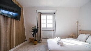 A hotel room with a bed, a potted plant, a television, a window with curtains, and a radiator. - Studio for 2 People - Hotel de Ville - Marais - Paris 04 - Central (Paris)