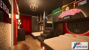 A themed hotel room with a Hogwarts Express sign, a fireplace, and a TV screen displaying the Netflix logo. - The Epic 10484 Paradiso Grande Resort Orlando Florida (Orlando)