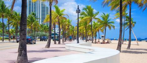 A curved white structure on a beach with palm trees and a clear sky.