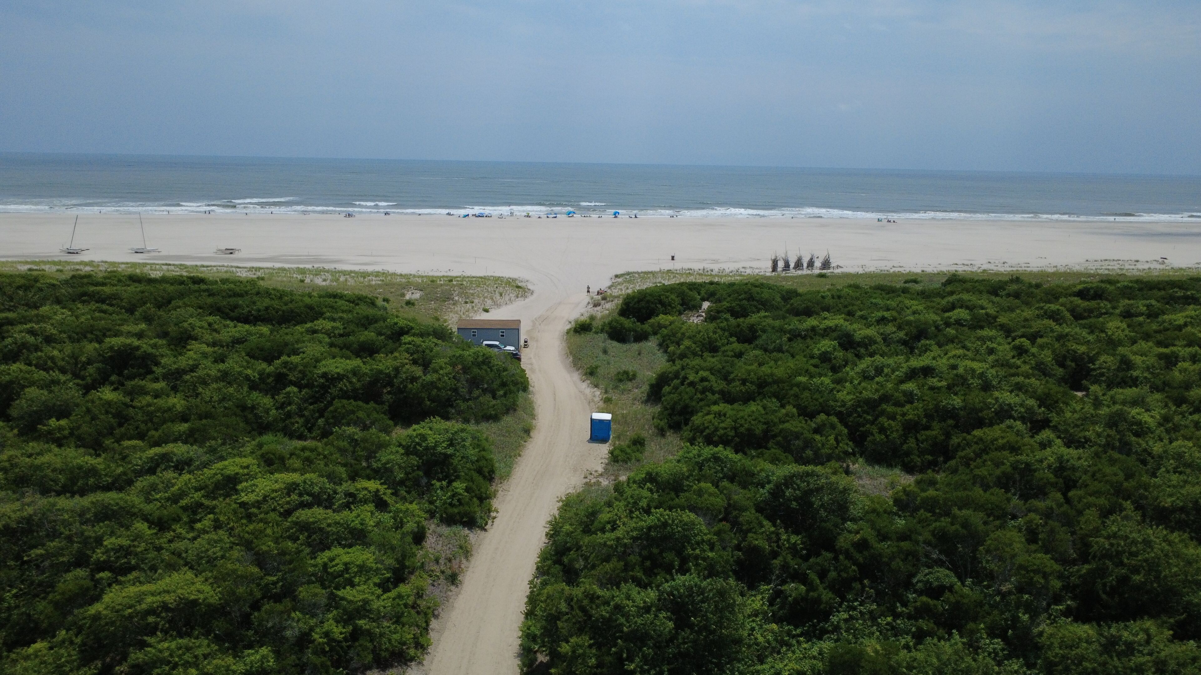 Una playa con un sendero de tierra que lleva a un edificio, rodeado de vegetación exuberante.