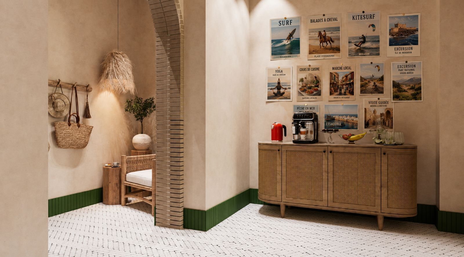 A cozy room with a rattan bench, a wicker basket, and a wall adorned with travel posters.