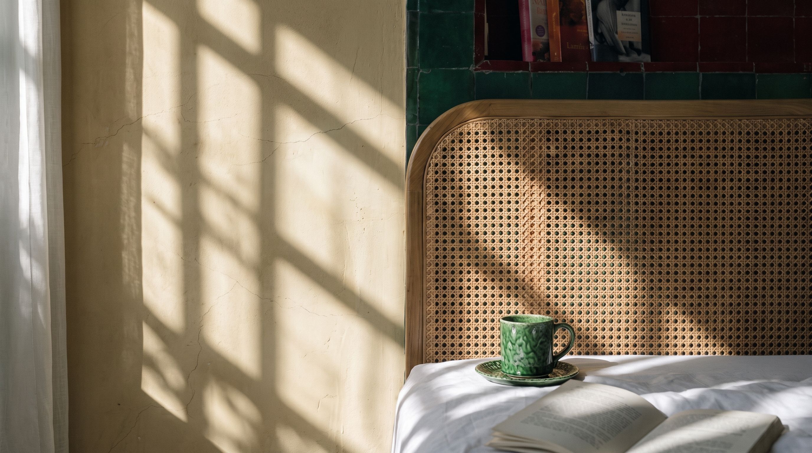 Ein Zimmer mit einem gewobenen Kopfteil, einer grünen Tasse auf einem Untertasse und einem Buch auf einem weißen Tisch.