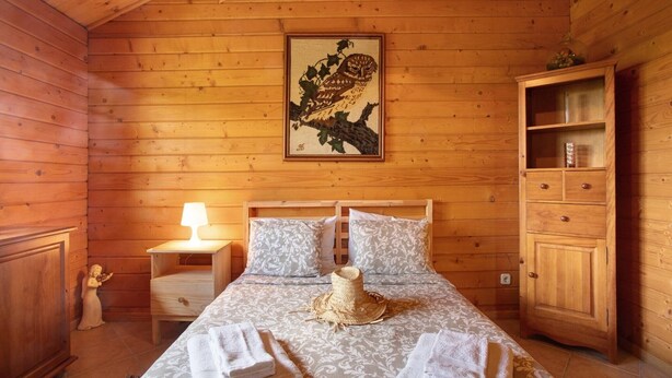 Una habitación de cabaña de madera con una cama, mesita de noche, lámpara y un armario.