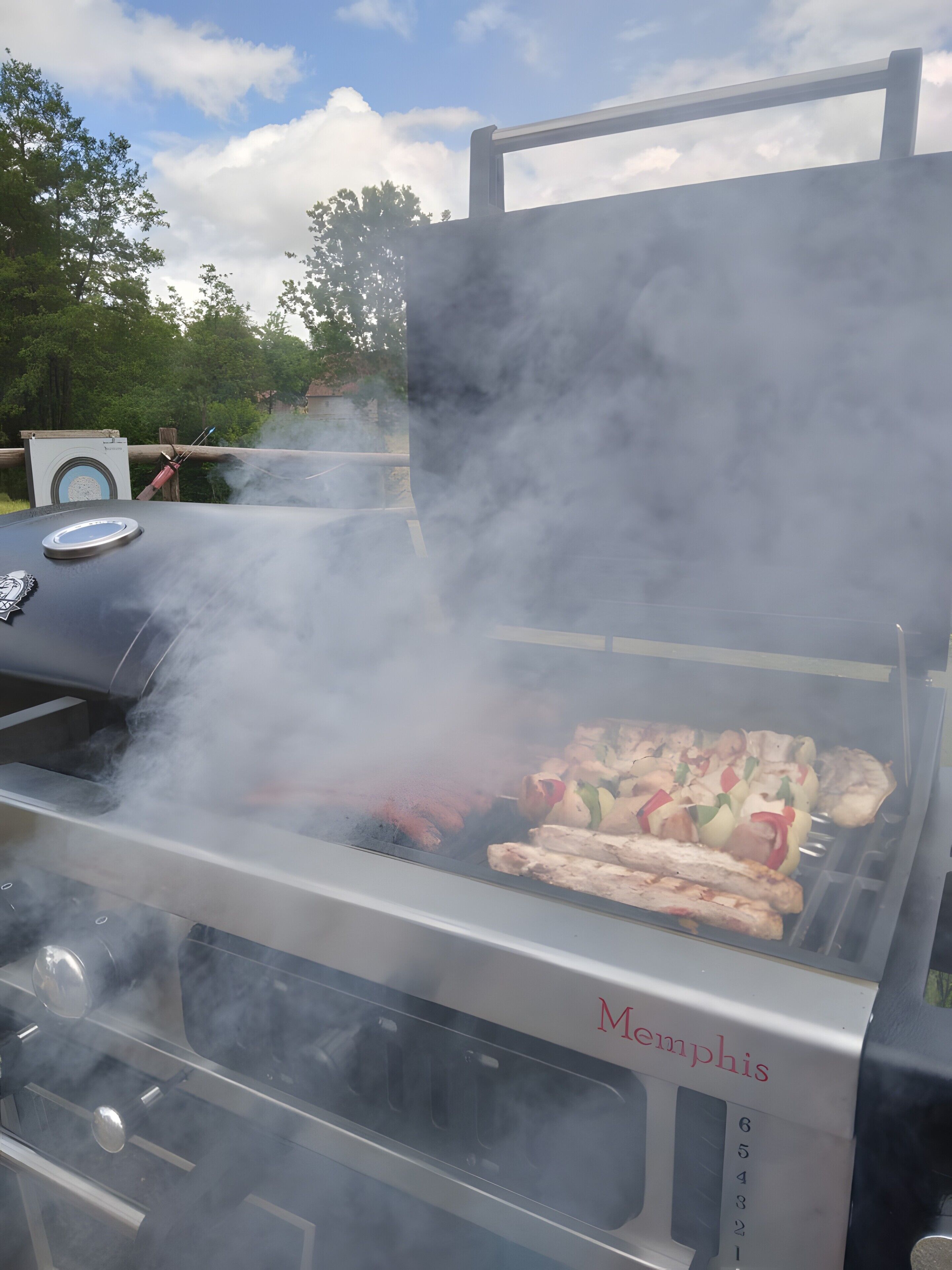 Una griglia per barbecue con vista sul cielo e alberi sullo sfondo.