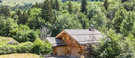 Una cabaña de madera con techo inclinado, rodeada por un bosque denso y montañas al fondo.