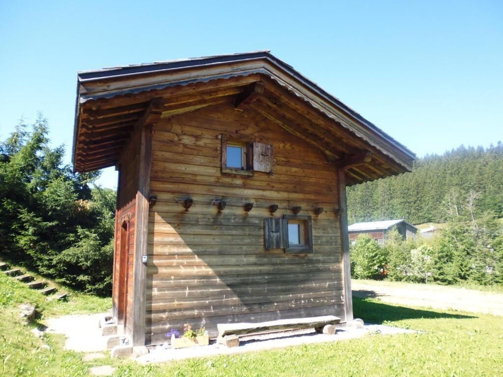 A wooden cabin with a sloped roof, a small porch, and a window.