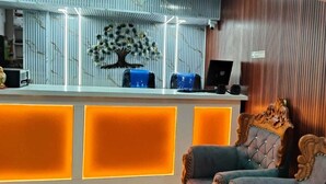 A reception area with a modern desk, a blue chair, and a decorative tree sculpture. - Ave maria Luxury Room and Apartment  (Colva)