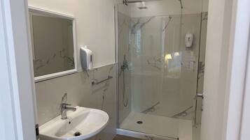 Une salle de bain avec une douche à parois de verre, un lavabo et un miroir.