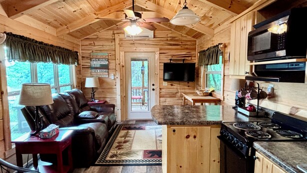 Ein gemütliches Ferienhaus-Interieur mit Wohnbereich, Küche und Fernseher.
