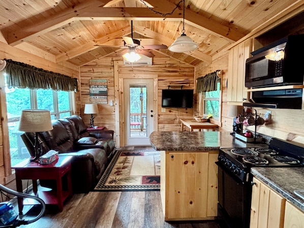 A cozy cabin interior with a living area, kitchen, and a television.