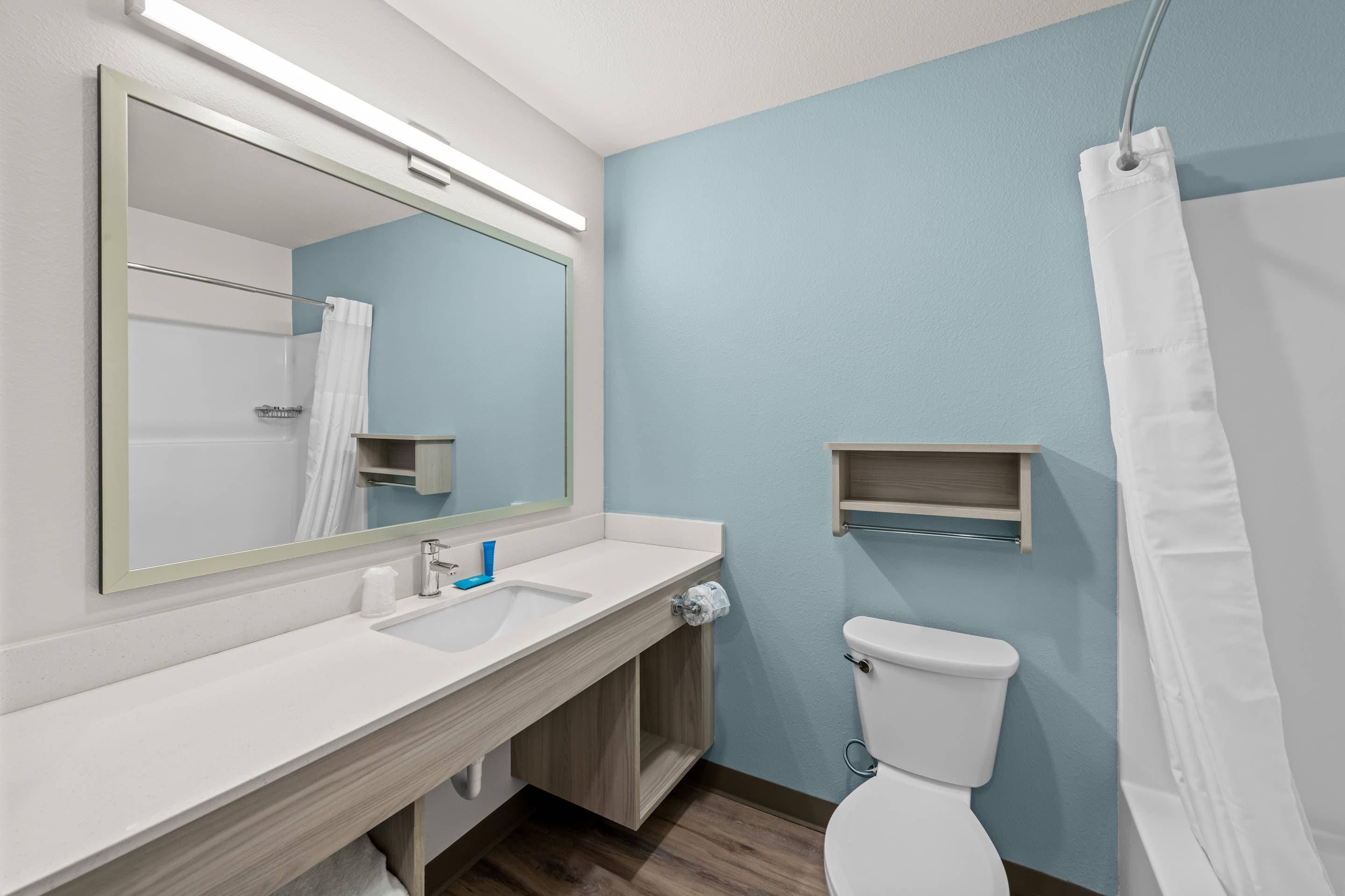 A bathroom with a white sink, a mirror, a toilet, and a shower curtain.