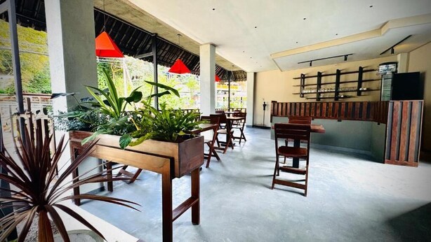 Un espacio interior amplio con mesas y sillas de madera, plantas en macetas y una zona de bar con estanterías.