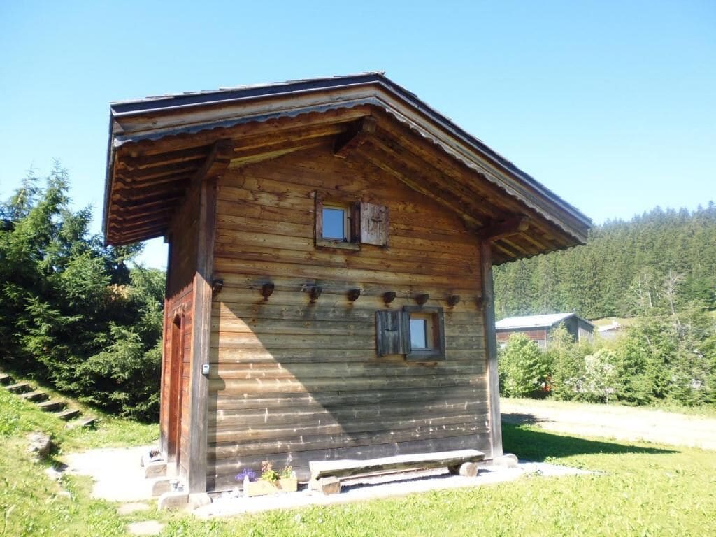 Eine Holzhütte mit geneigtem Dach, einer kleinen Veranda und einem Fenster.