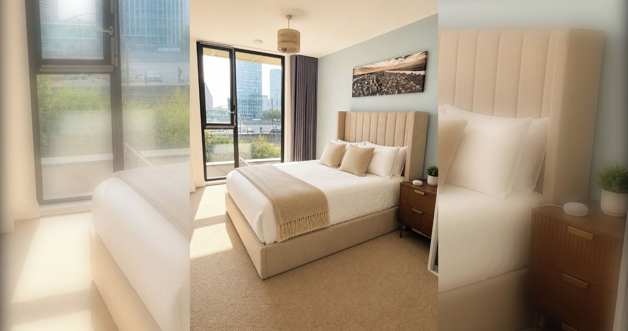 A modern bedroom with a large bed, a nightstand, a bedside table, and a window with a view of the city.