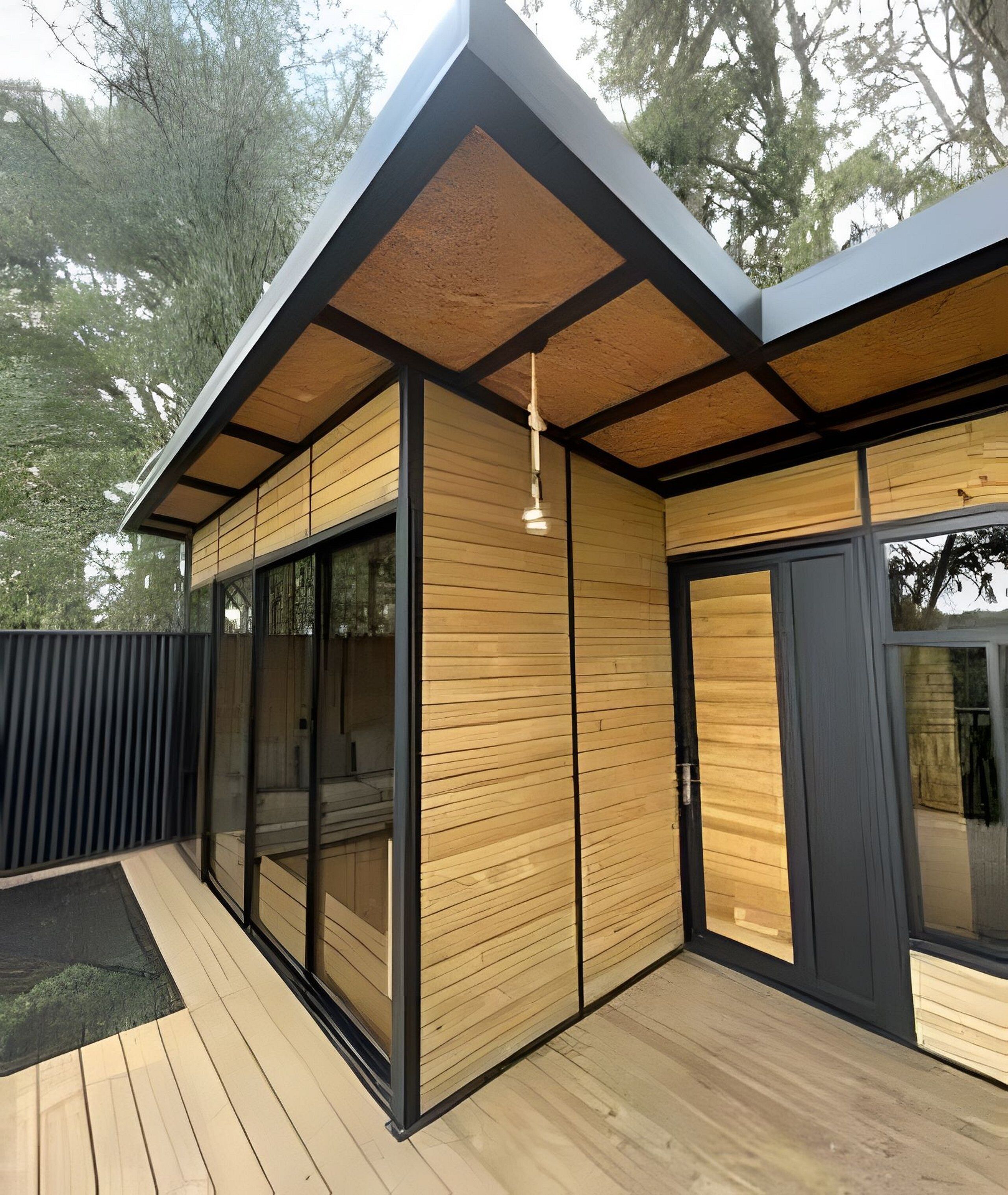 A modern building with a wooden exterior, large glass windows, and a deck area.