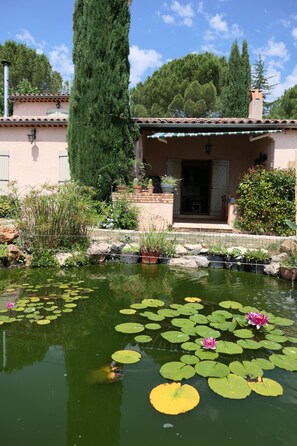 A house with a garden, a pond with lily pads, and a tall tree. - Villa with Pool on a 6,200-square-meter Estate in Green Provence. Sleeps 6 to 10 people. (Draguignan)