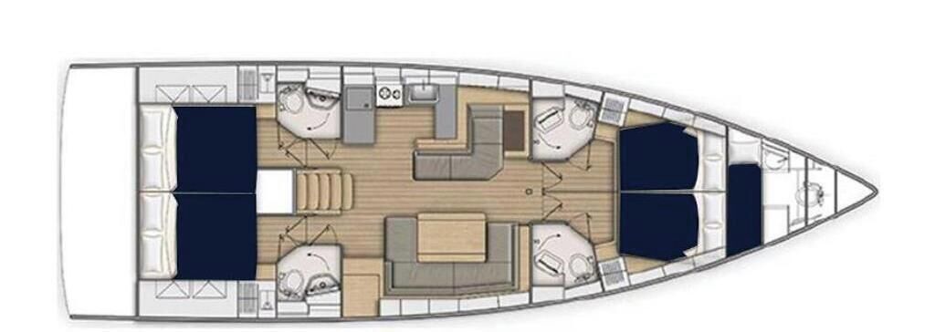A boat layout with a central seating area, two smaller seating areas, and a kitchen.