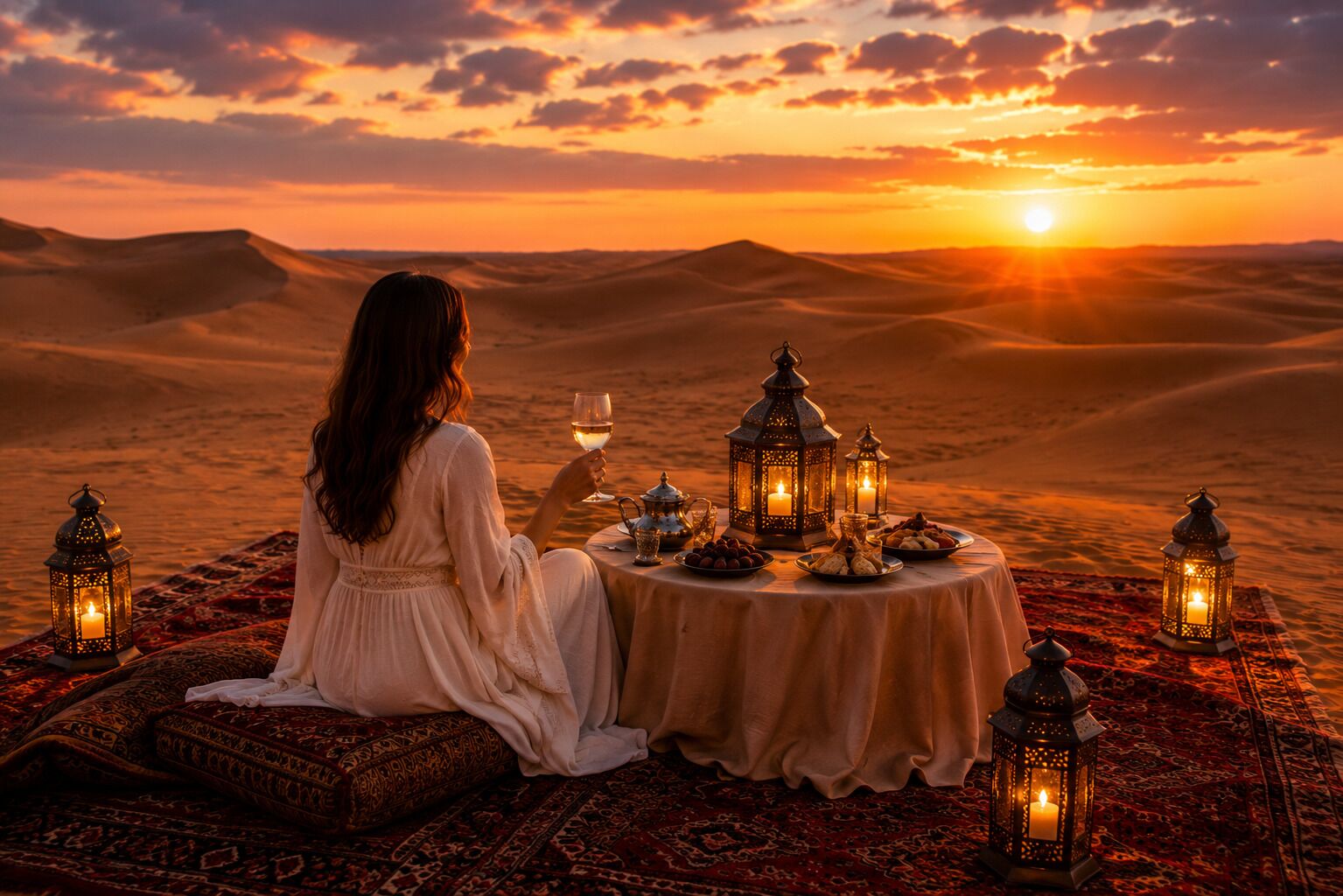 Eine Person sitzt auf einem Teppich in einer Wüstlandschaft bei Sonnenuntergang, umgeben von Laternen, an einem für eine Mahlzeit gedeckten Tisch.