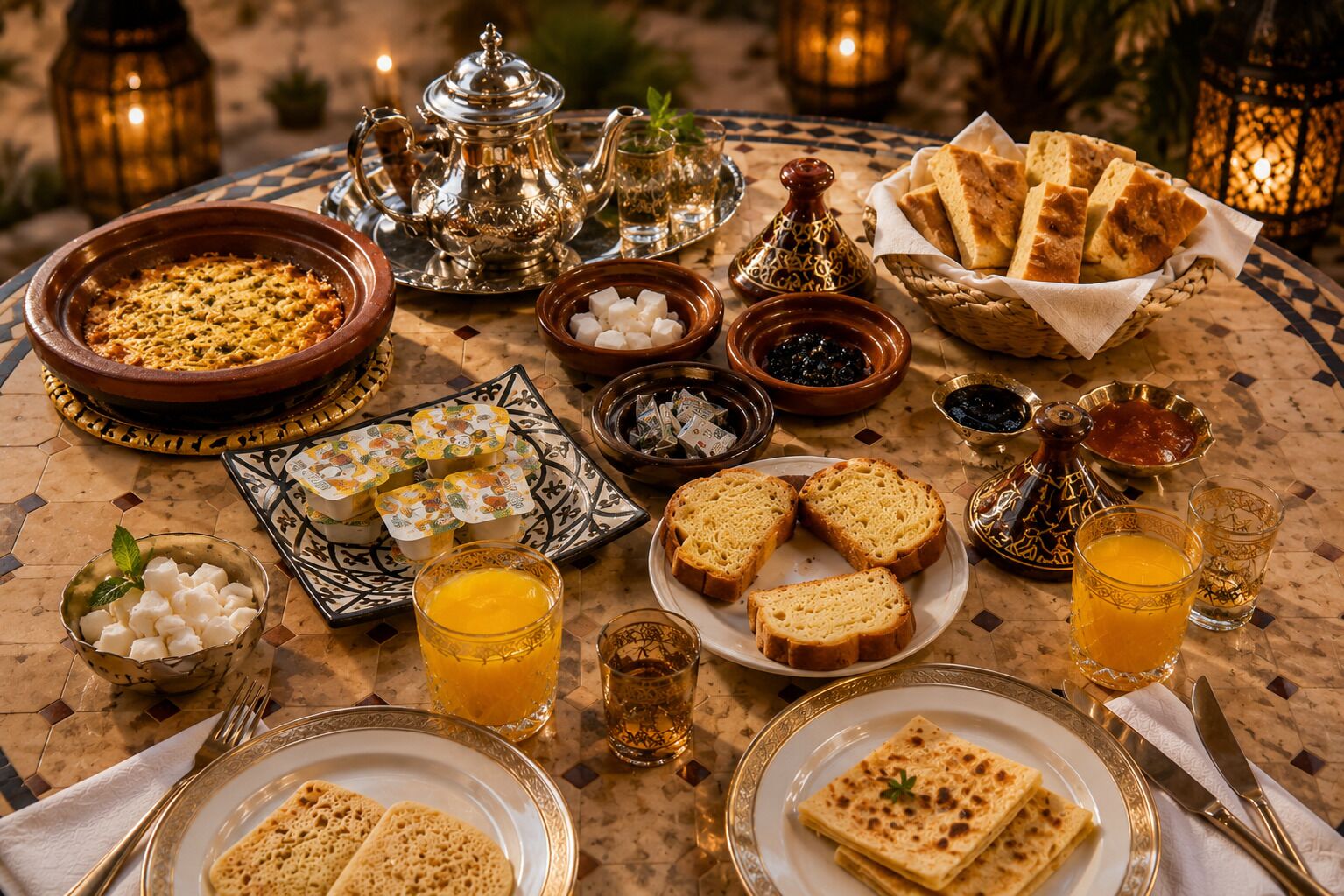 A table set with various Moroccan dishes, including tagine, bread, and sweets, along with glasses of orange juice.