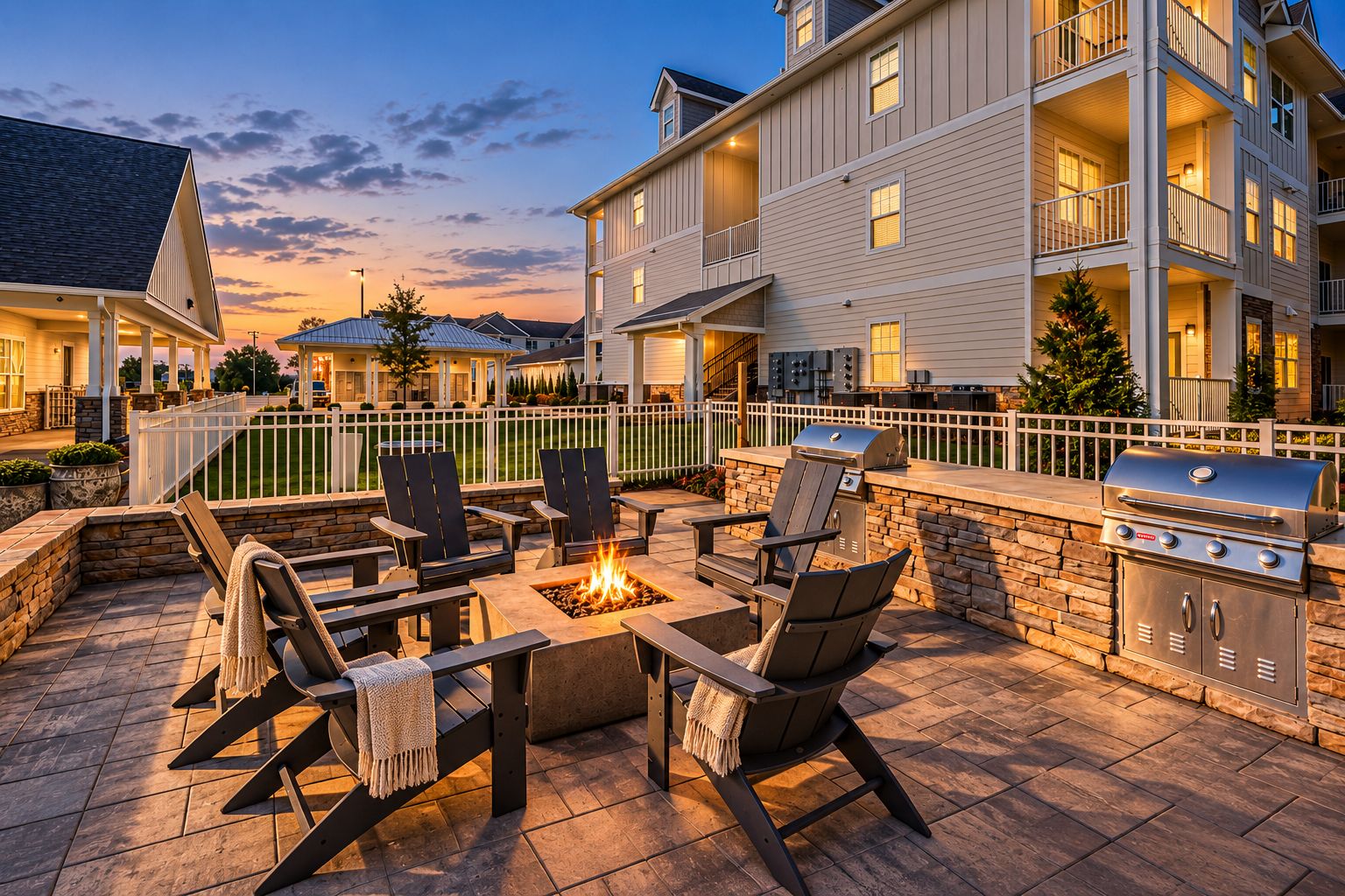 Un espace extérieur aménagé avec une terrasse, un foyer, des sièges et un barbecue.