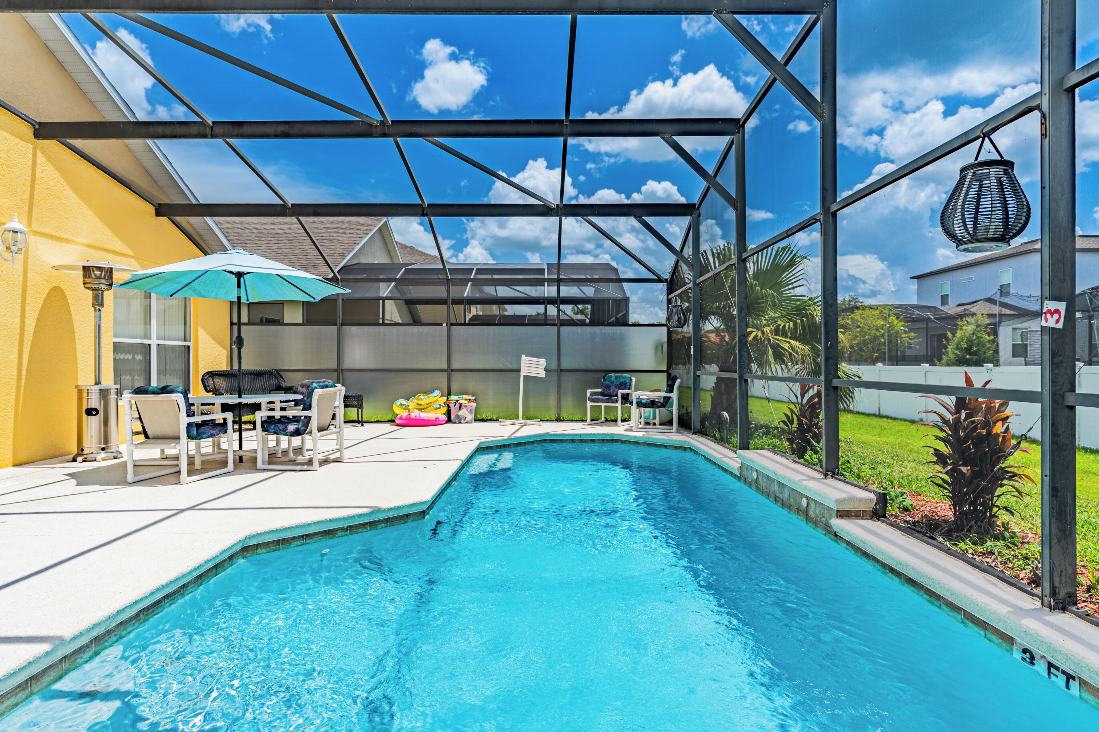 Outdoor pool, pool umbrellas, pool loungers