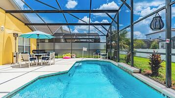 Outdoor pool, pool umbrellas, pool loungers