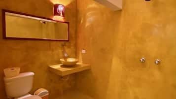 Shower, towels, toilet paper