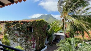 A balcony with a view of a mountain, a palm tree, and a building with a tiled roof. - Italcaribe Village (Paraguachí)