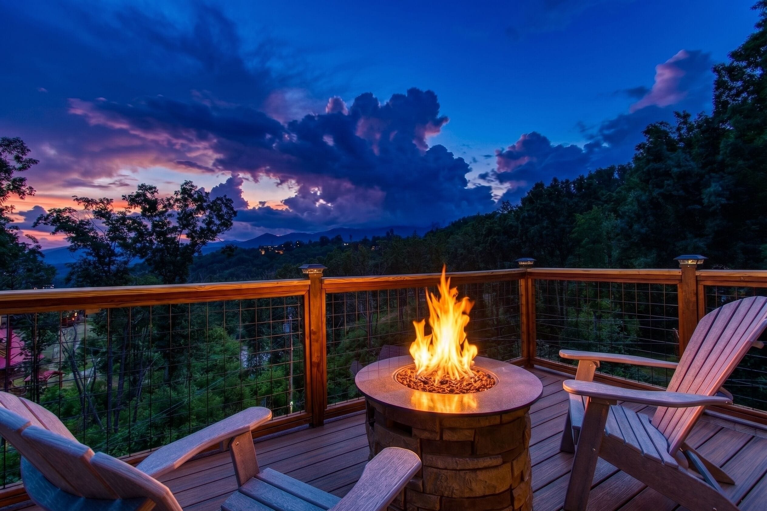 A deck with a fire pit, wooden chairs, and a view of the mountains.