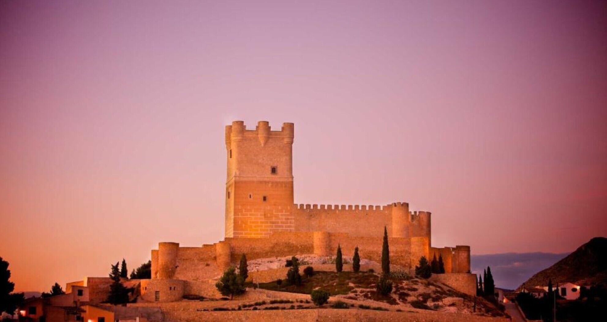 A historic castle with a prominent tower, surrounded by a fortified wall and a few trees.