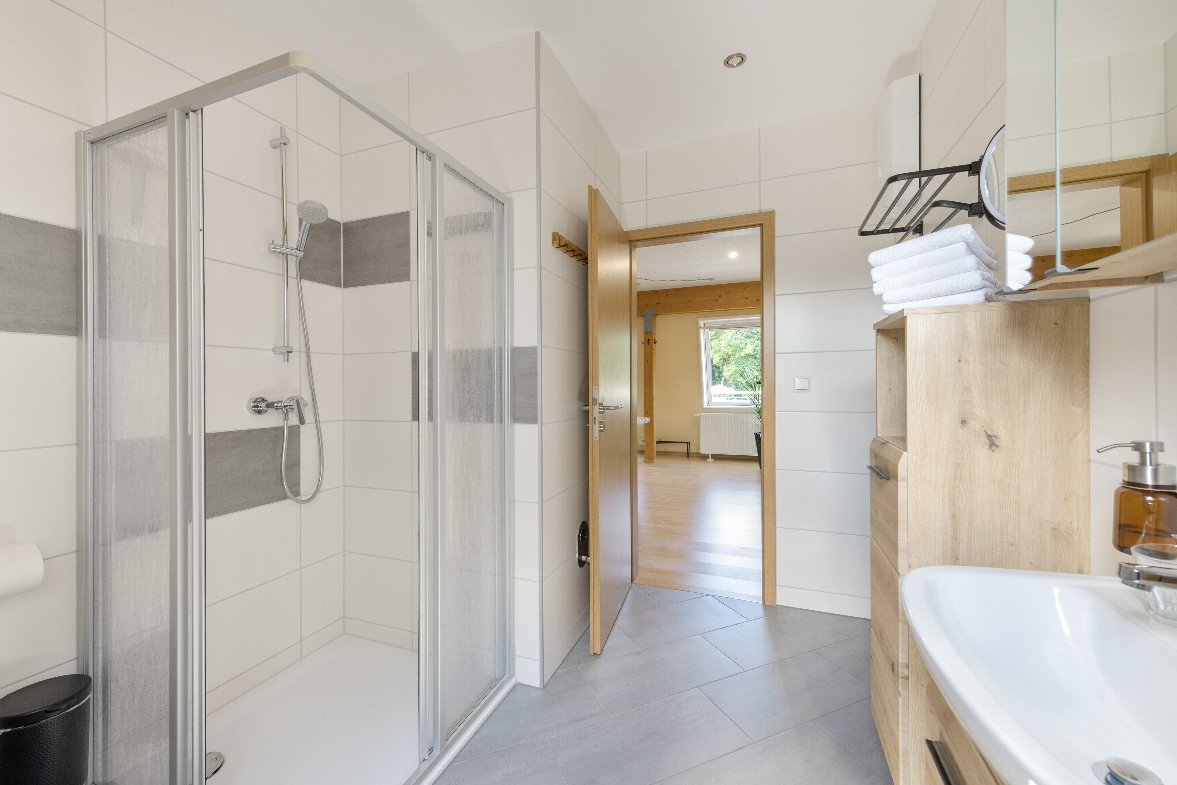 Shower, hair dryer, towels