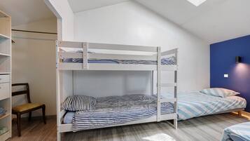 A bunk bed room with a skylight, wooden flooring, and a blue accent wall.
