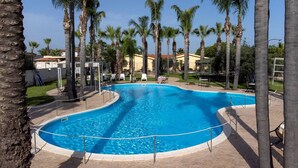 Une piscine entourée de palmiers et de chaises longues.