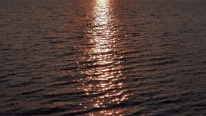 Um pôr do sol sobre a água, com uma ponte ao longe.