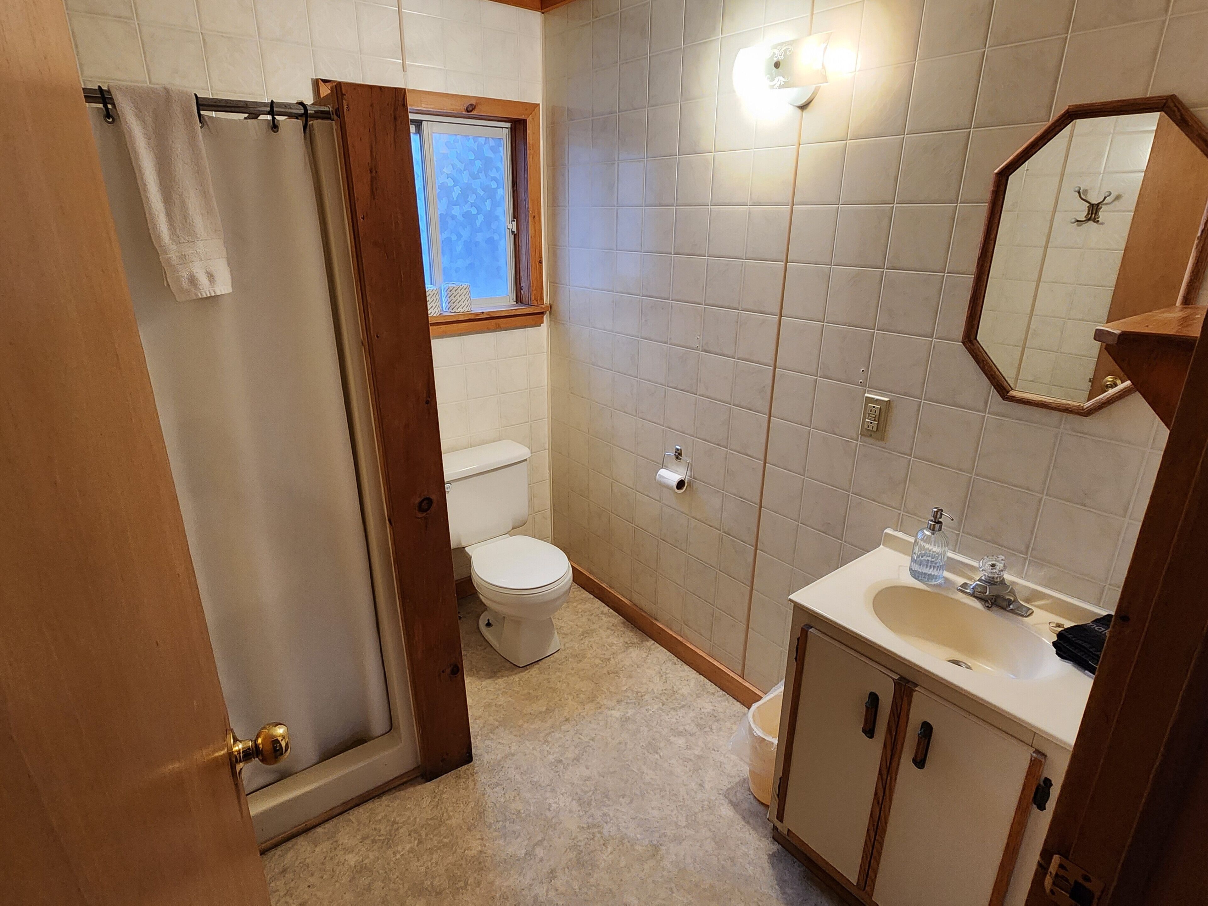 Shower, towels, soap, toilet paper