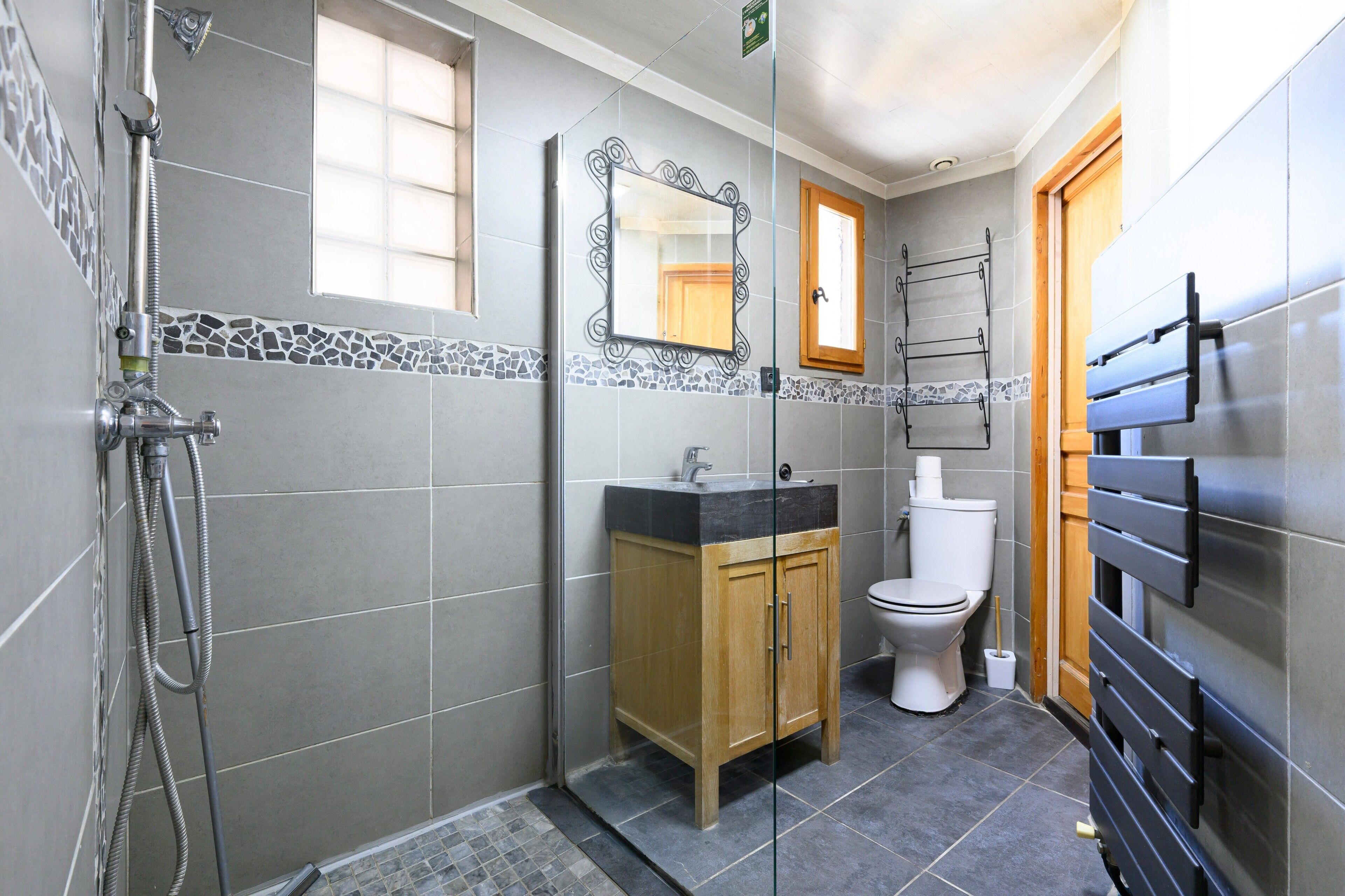 Shower, hair dryer, towels