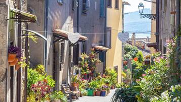 Une rue étroite, bordée de bâtiments des deux côtés, dont certains sont dotés de balcons et de plantes en pot.