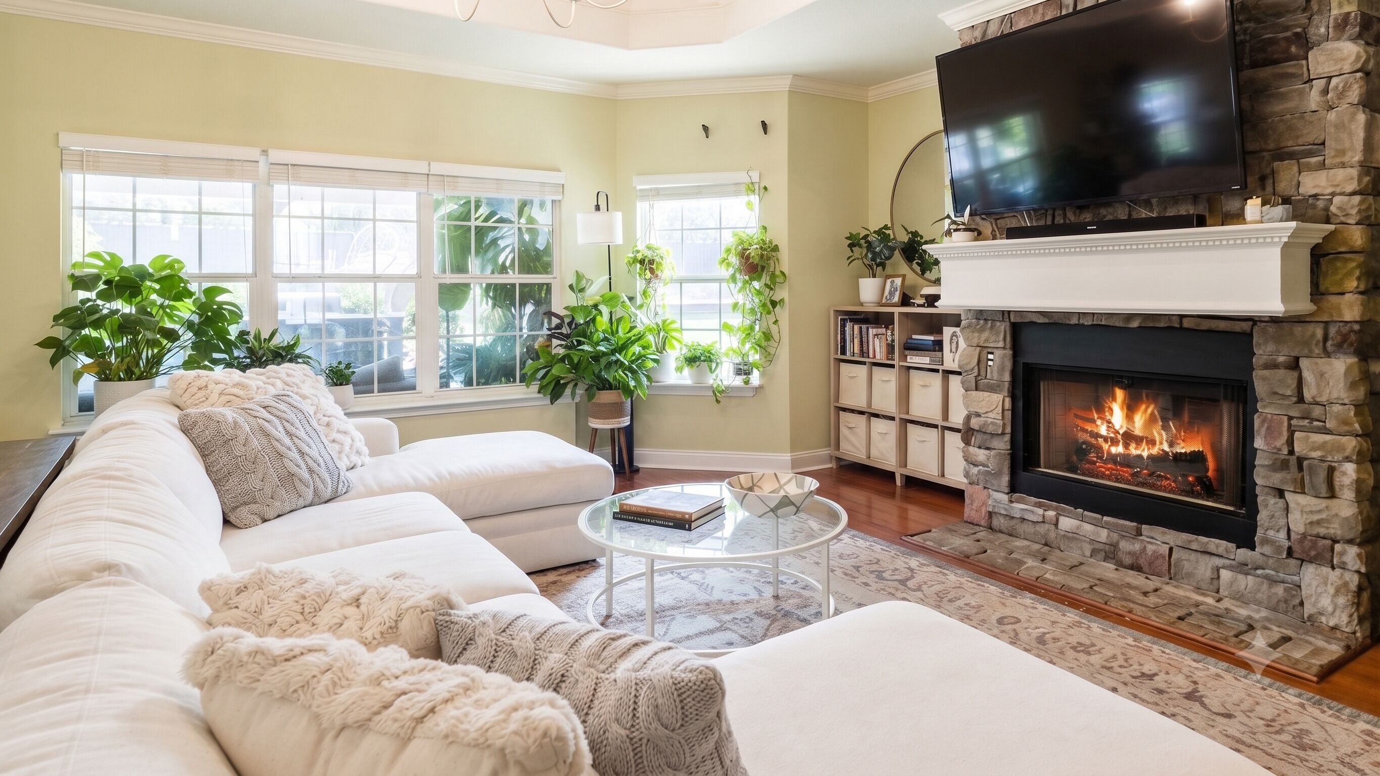 Smart TV, fireplace, stereo, printers