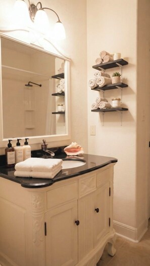 Shower, hair dryer, towels, soap - The Cowboy Capital Escape: Resort-Style Backyard Pool & Outdoor Living. (Bandera)