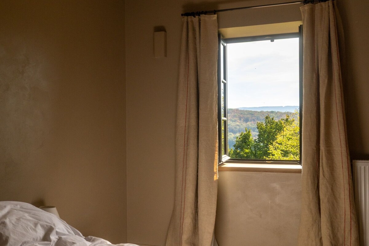 A bedroom with a single bed, a window with curtains, and a view of trees and hills.